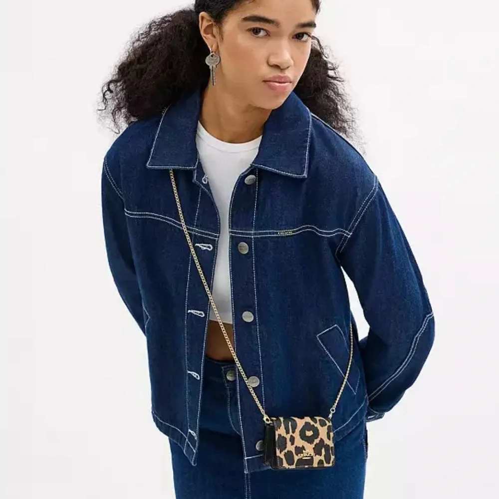 Coach Leopard Print Mini Crossbody in Beige and Black with Gold Chain